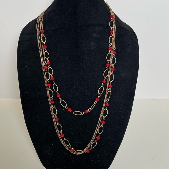 Vintage Red Bead and Antiqued Gold Tone Necklace - Picture 2 of 6